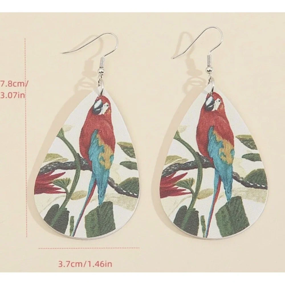 Faux Leather Teardrop Earrings New Lightweight Drop Dangle Hook Parrot Tropical